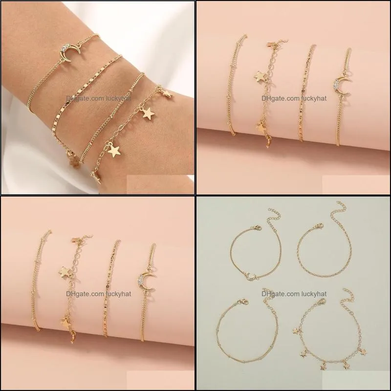 Link, Chain 4pcs/set Elegant Star Moon Geometric Crystal Infinity Pentagram Tassel Multi-layer Bracelet Jewelry For Women Wholesale