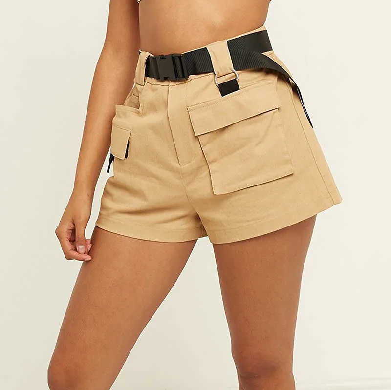 Kvinnors Chic High Streetwear Waist Cargo Shorts med Belt.Safari Style Ladies Multi-Pocket Short Pants