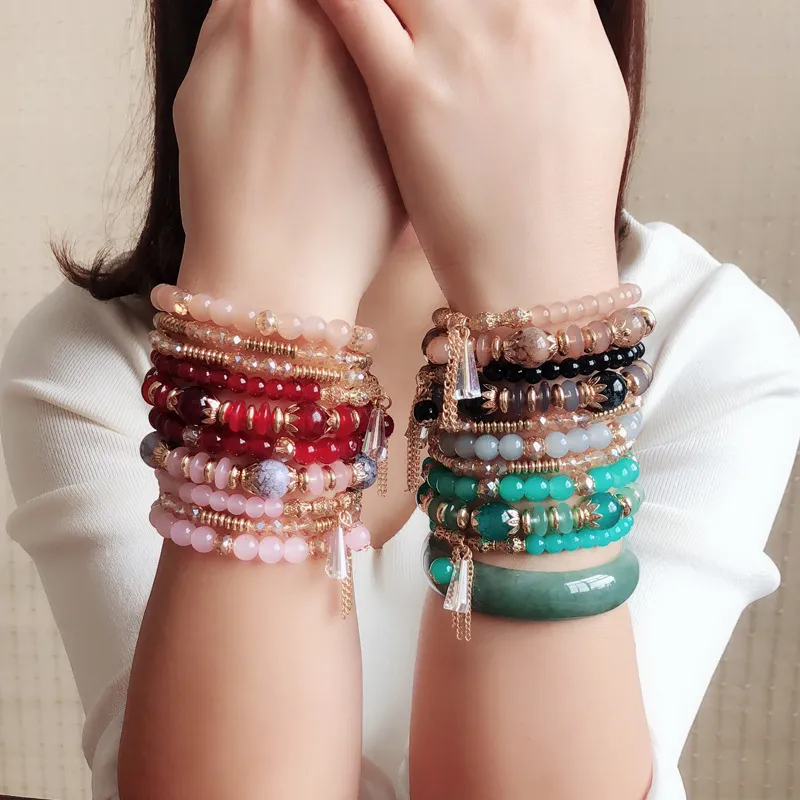 Women Bohemian Friendship Bracelets & Bangles For Woman Boho Crystal Beads Tassel Charm Bracelet Set Femme Pulseras Mujer Jewelry Gift