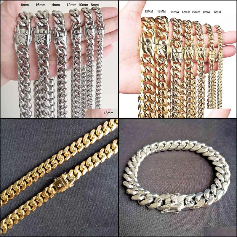 Men Women Cuban Chains Necklace Bracelet 316L Stainless Steel Jewelry Sets High Polished Hip Hop Choker Link Double Safety Clasps