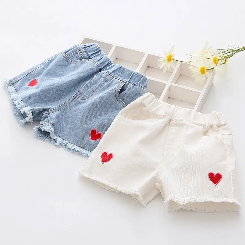 Verão Moda Adolescente Crianças Azul Branco Bordado Bordado Crianças Meninas Denim Shorts para 2 3 4 6 8 10 12 anos Bebê 210701