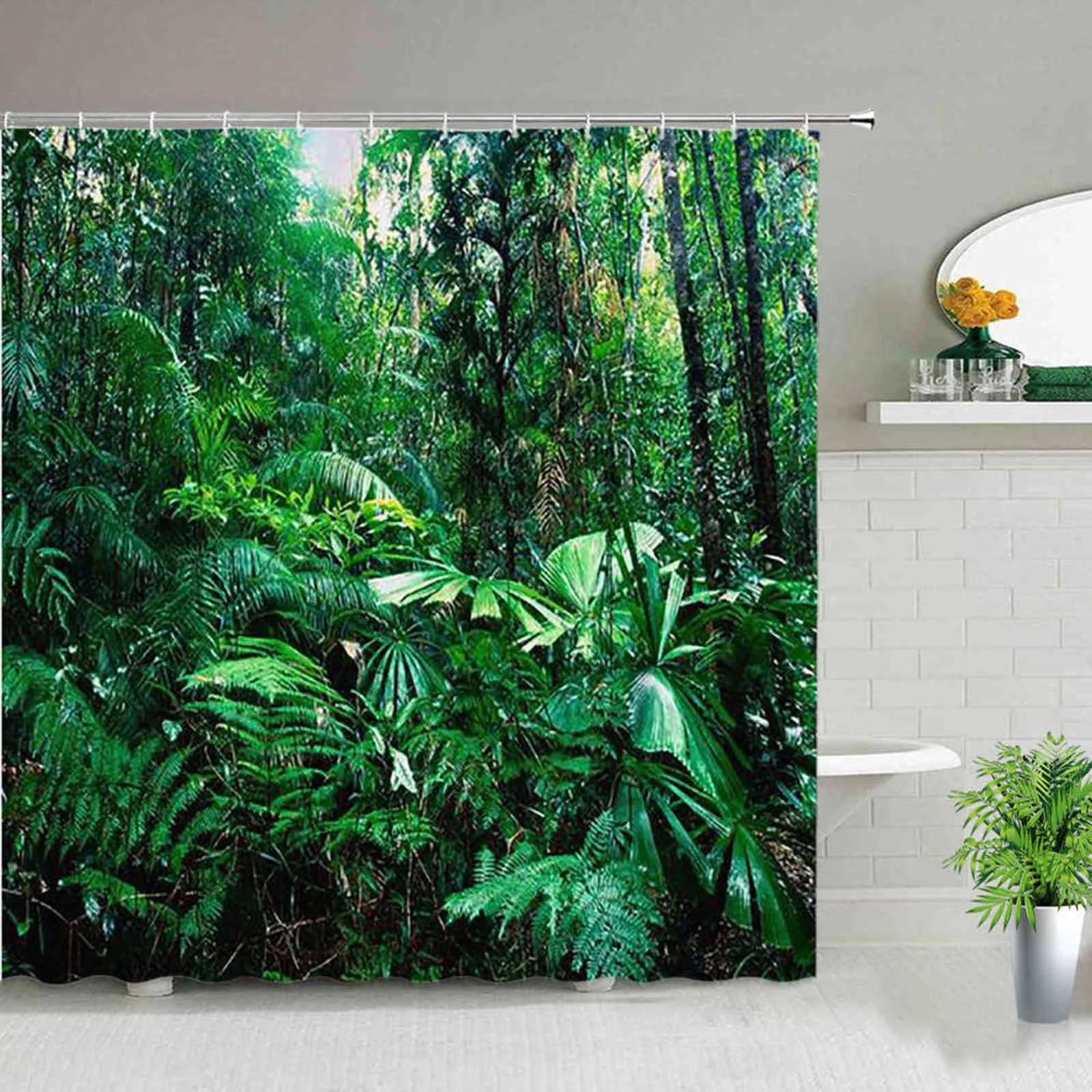 Green Tropical Plants Forest Shower Curtains Palm Tree Flower Bird
