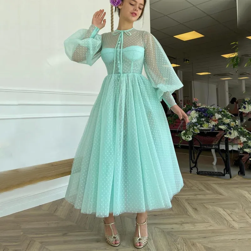 Prom Dresses High Sheer Neck Long Sleeve Mint Green Tea Length Buttons Prom Dresses A-line Tulle Evening Gowns