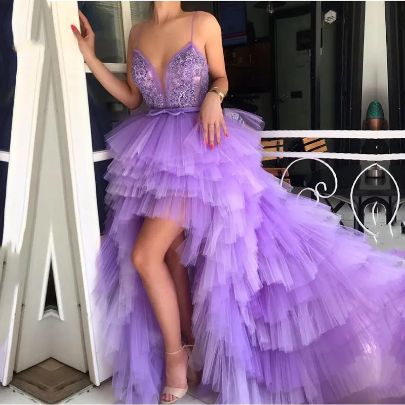 Sexy Backless Lilac High Low Evening Dresses Spaghetti Straps Tiered Tulle A Line Special Occasion Gowns Prom Dresses for Party Graduation Vestido de festa 2022