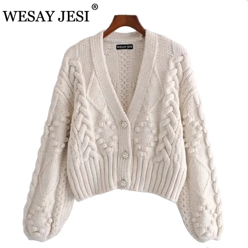 Wesay Jesi Dames Spring gebreide vest vrouwentrui Dikke losse lantaarn mouw Pearl -knop Korte zoete en luie stijl 210917