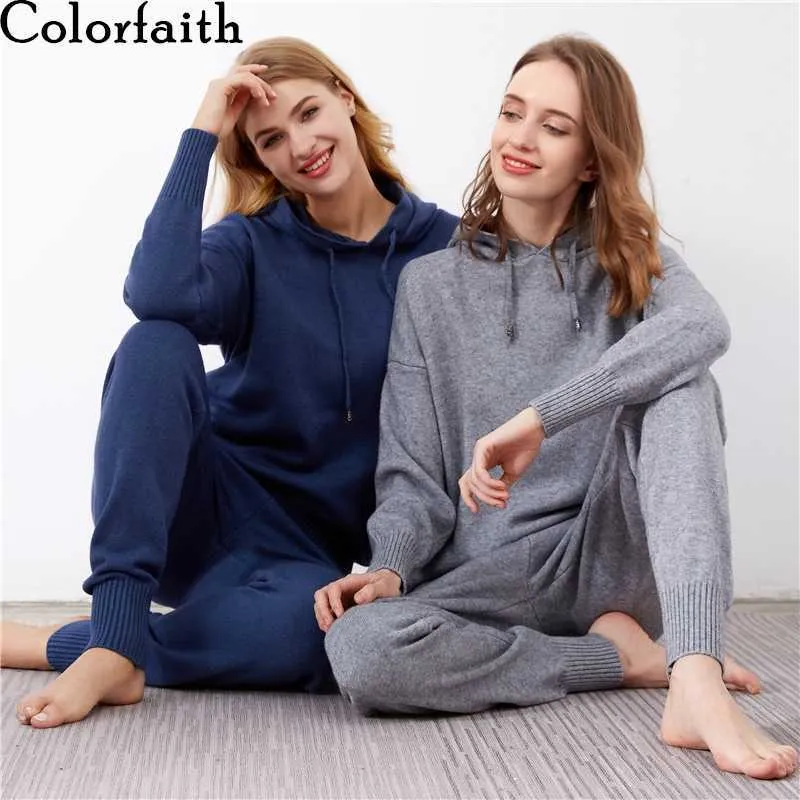 Colorfaith 2020 automne hiver femmes ensembles 2 pièces pull à capuche pulls pantalons longs tricots chaud dame survêtement costumes WS1223 Y0625