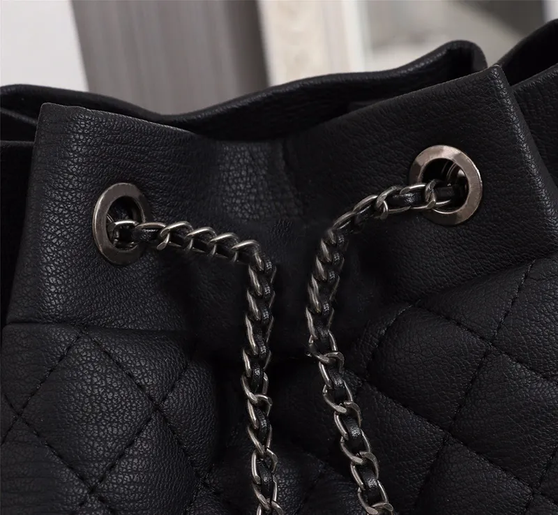 brand designs bucket women handbag sheepskin leather shoulder bag fashion totewallet With drawstring luxury purse silver chain