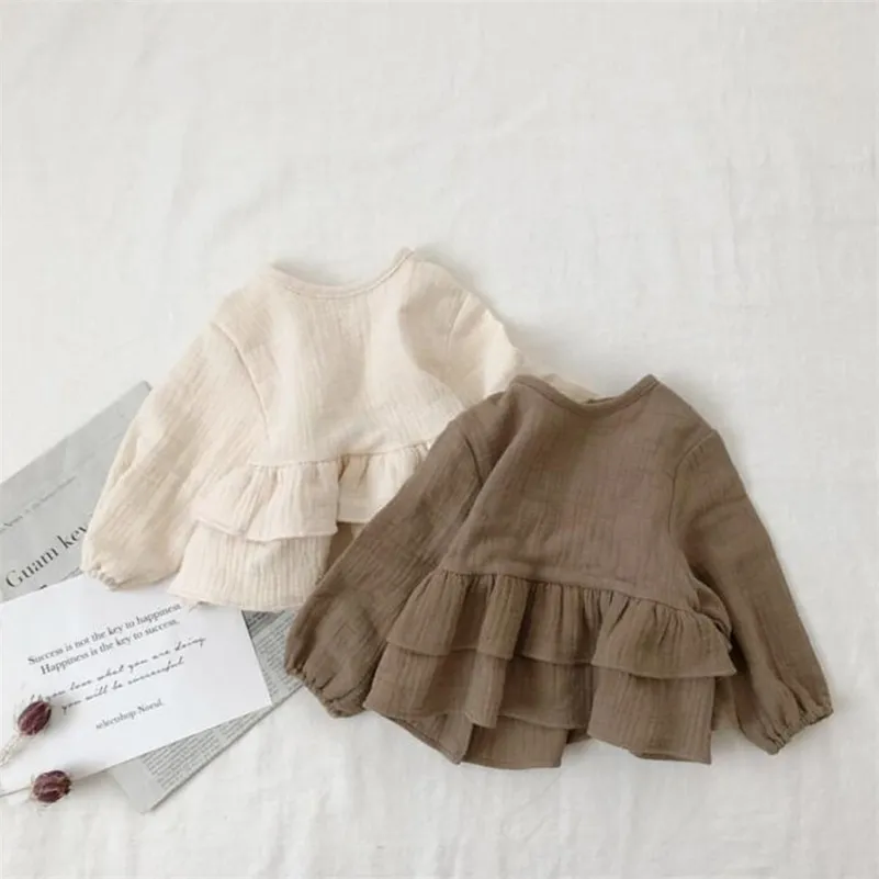 패션 일본어 스타일 아기 소녀 셔츠 린넨 소녀 블라우스 단단한 고품질 주름 톱 210306