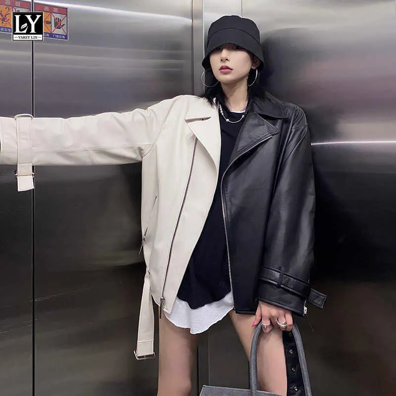 Ly Varey Lin Spring Autumn Women Moto Faux Soft Leather Coat Lapel Splicing Pu Jacka Casual Loose Outwear With Belt 210526