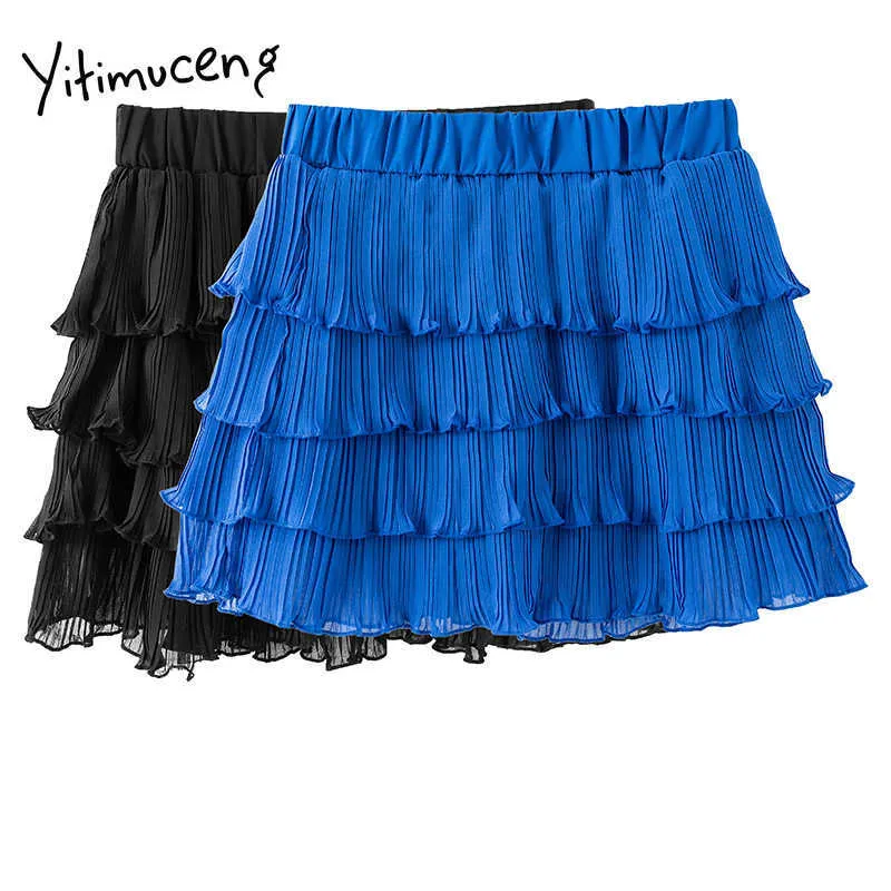 Yitimuceng Ruffles kjol Kvinnor Pläterad Mini Hög midja Solid Svart Blå Kläder Vår Sommar Koreansk Fashion Skirts 210601