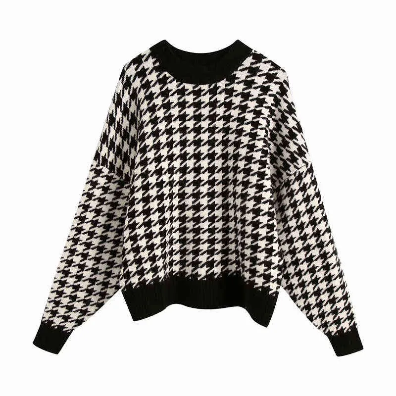 Evfer Women Casual Winter Warm Loose Knitted Pullover Sweater Female Fashion O-neck Long Sleeve Oversize Plaid Sweater Tops Chic Y1110