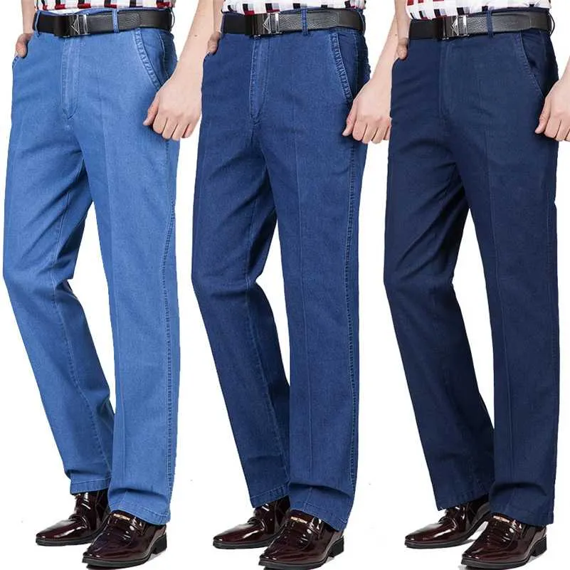 Sommar tunna medelålders jeans casual hög midja lösa långa denim byxor manliga solida affärer casual raka jeans för män 211011