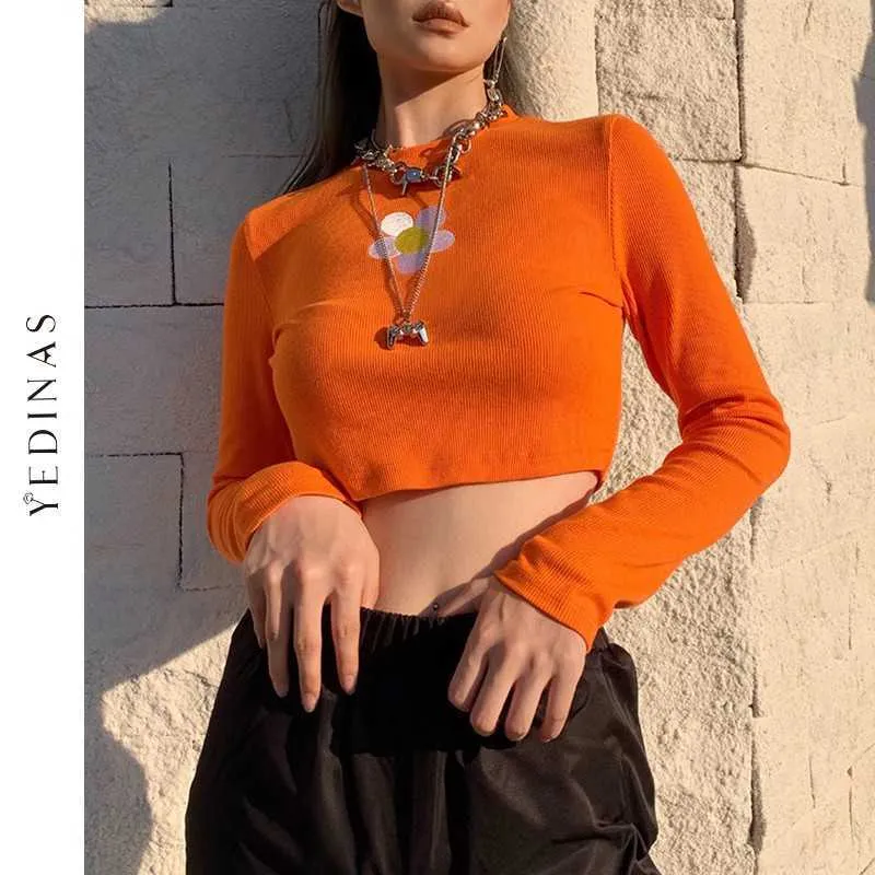 Yedinas Floral Broderi Print Crop Top Kvinnor Långärmad Spring T-shirts Orange Aestetisk Slim T Shirt Koreanska Streetwear Egirl 210527