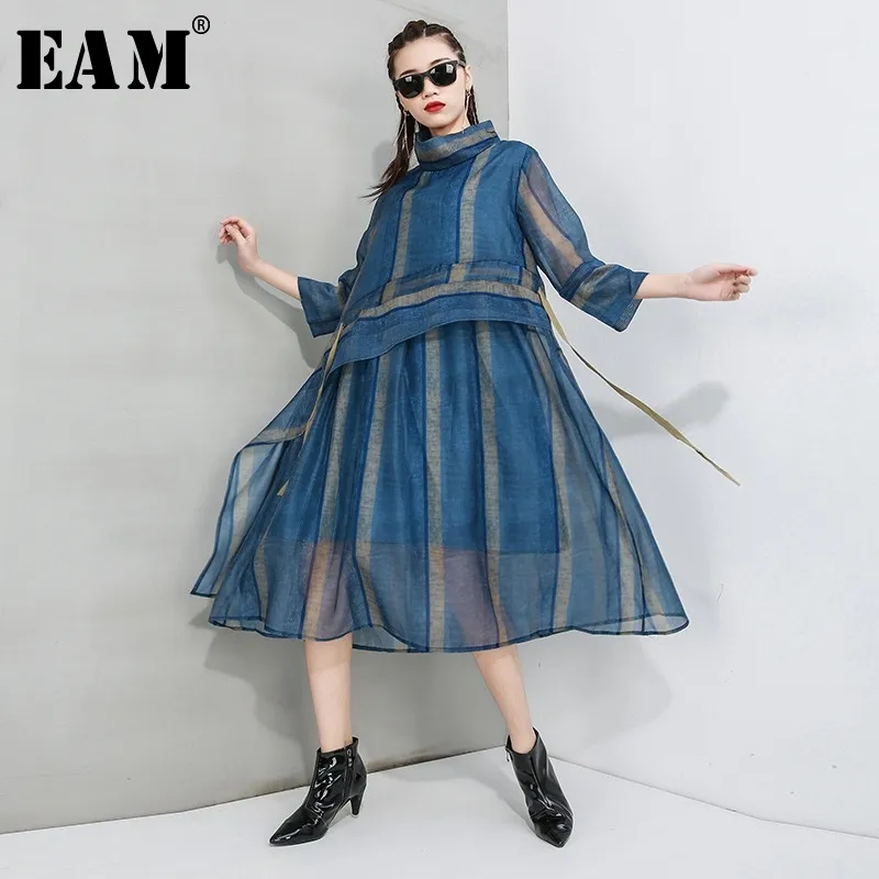 [eam] النساء مخطط منظور شبكة سبليت فستان جديد الياقة المدورة ثلاثة أرباع الأكمام فضفاضة صالح الأزياء ربيع الخريف 2021 1T554 210303