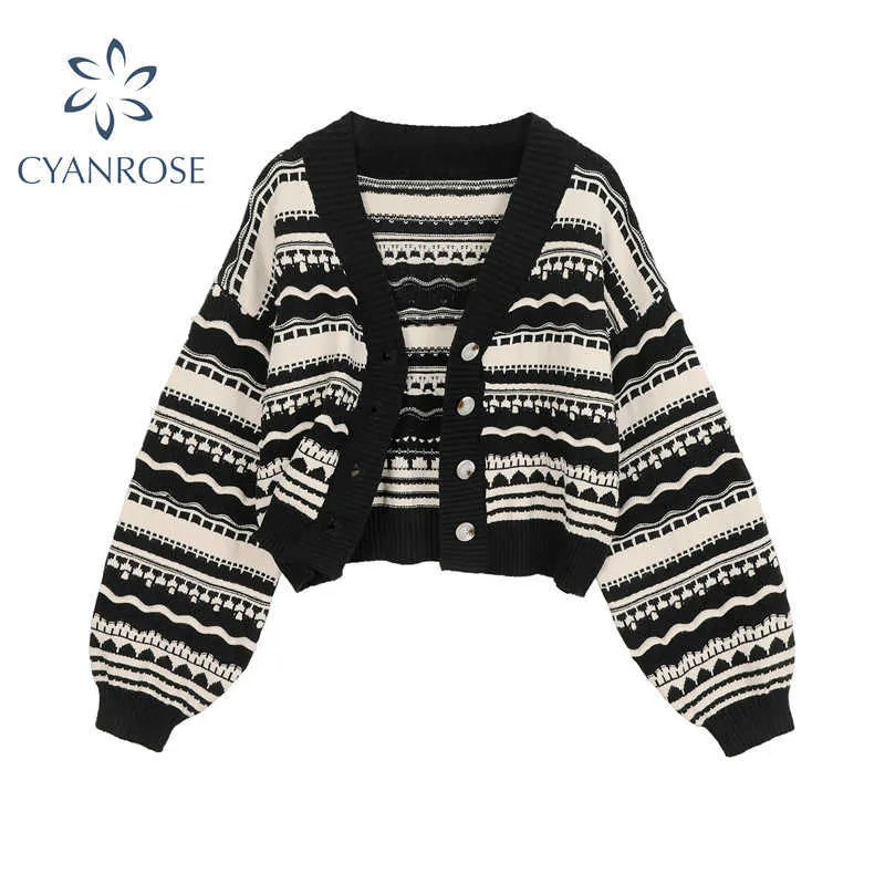 Cardigan Sweater Dames Herfst Winter Casual Vintage V-hals Vesten Knop Lange Mouw Losse Vrouw Gebreide Sweaters Top 210805
