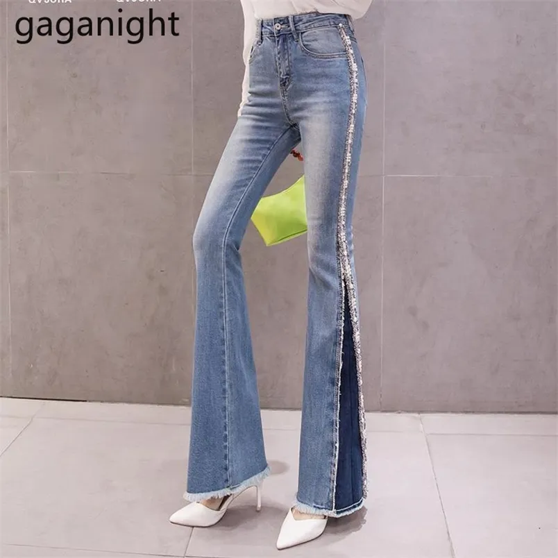 Printemps coréen Taille haute Slim Brodé Flares Femmes Pantalons Mode Skinny Dames Jeans Poches Fermetures à glissière Pleine Longueur 210601