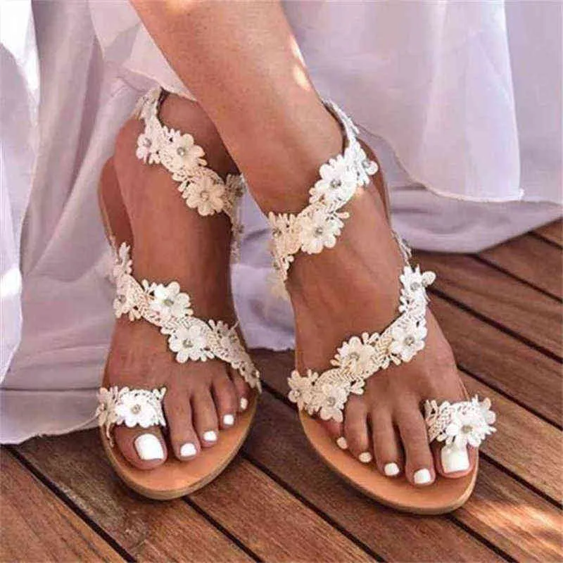 2021 Sandals Women Summer Lace Flower Flip Flops Flat With Sandals Ladies Bohemia Beach Shoes Plus Size Fashion Girl Footwear X220214