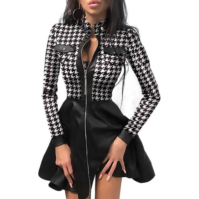 Sexy Leather Patchwork Print Ruffle gingham dress with Zipper Stand Collar and Long Sleeves for Women - Perfect for Office and Streetwear - 210608 Sexy Leather Patchwork Print Ruffle gingham dress with Zipper Stand Collar and Long Sleeves for Women - Perfect for Office and Streetwear - 210608