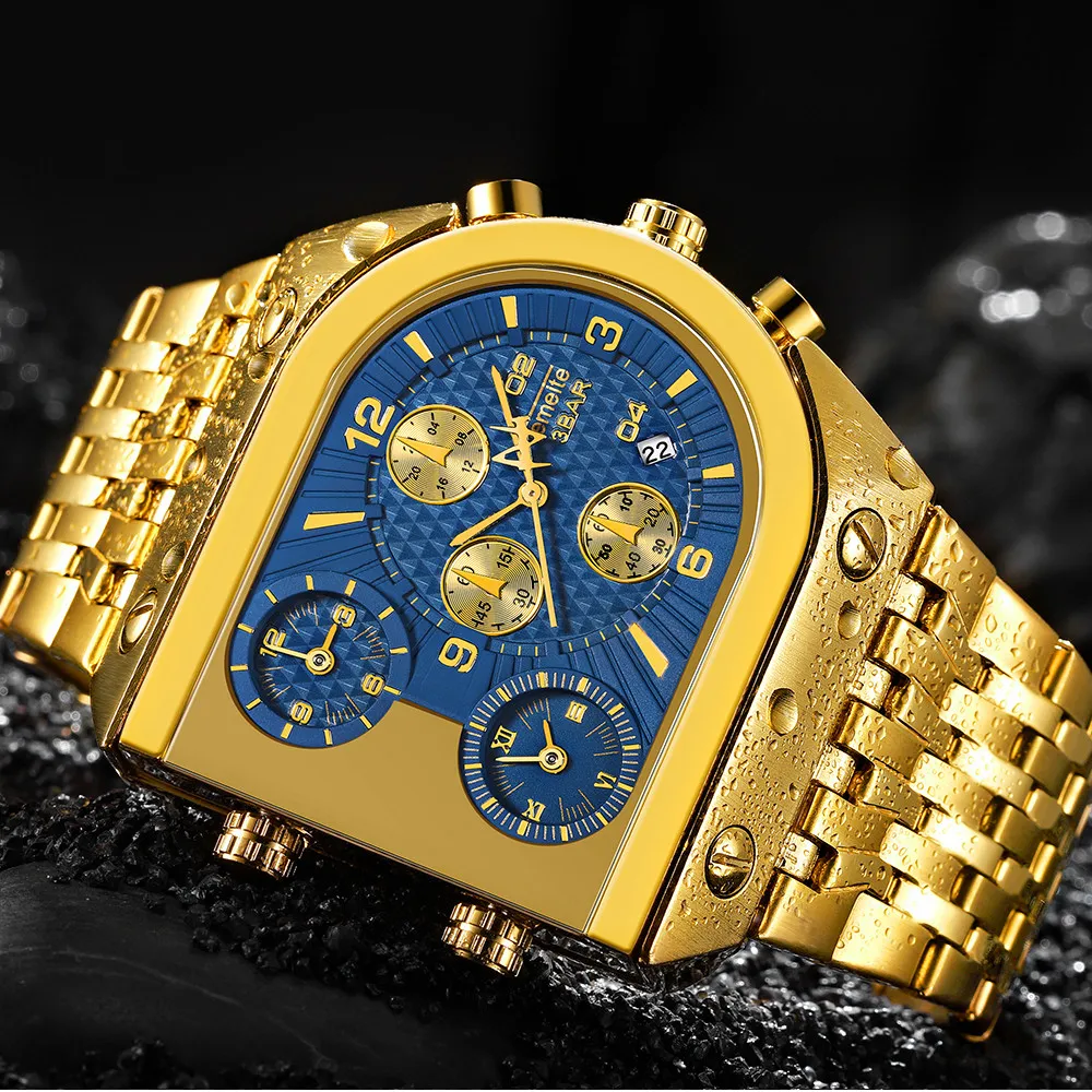 TEMEITE Luxury Golden Quartz Mens Watch With 3 Time Zone Date