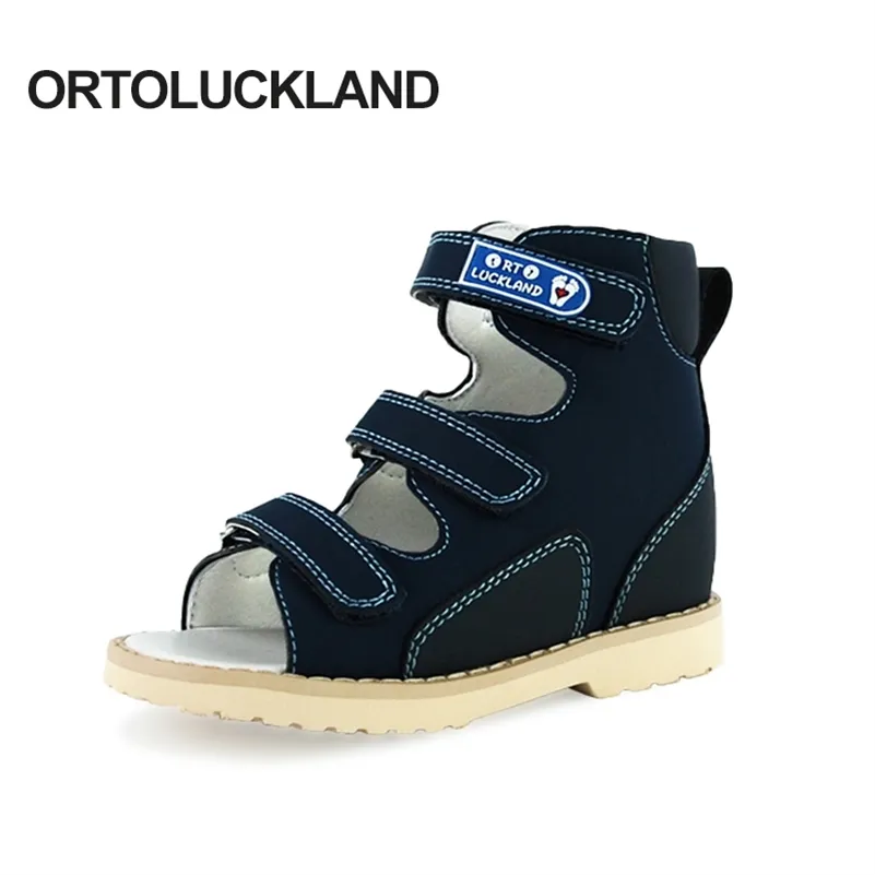 Ortoluckland novo crianças sandálias meninos ortopédicos sapatos de couro de nubuck criança criança azul escuro casual Corretivo Calçado 210306