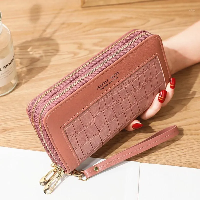 Double Zipper PU Leather Stone Pattern Purse Decoration Long Multi-card Wallet Buckle Clutch Mobile Phone Women's Wallets1