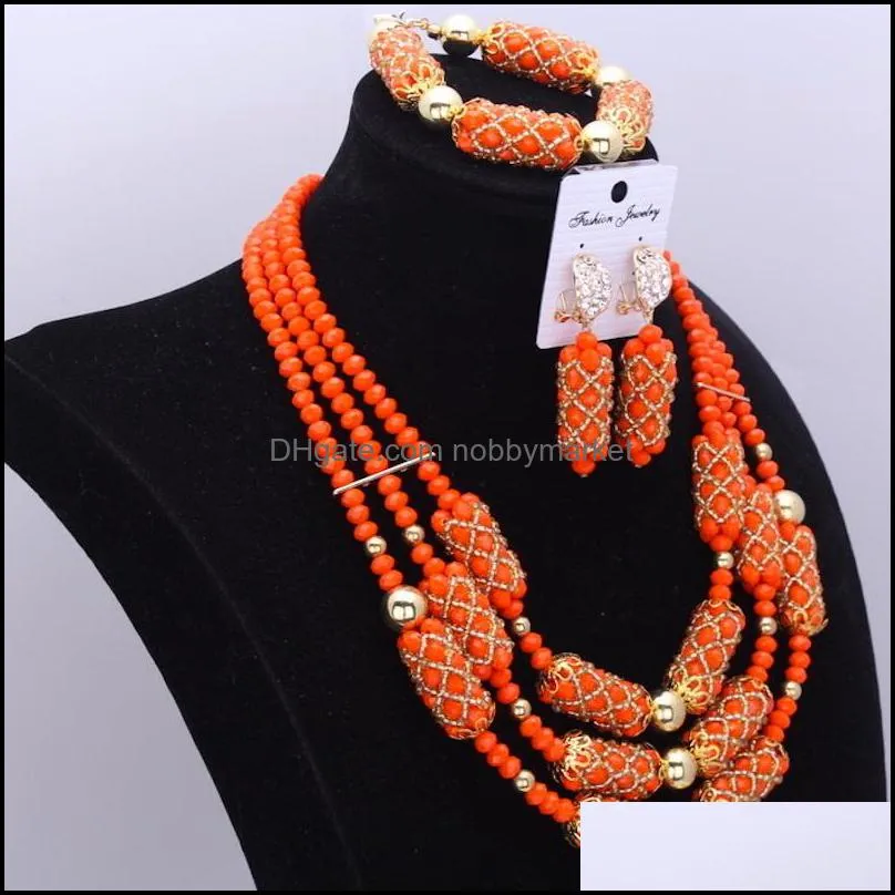 Dudo Orange Amazing African Beads Jewelry Sets Crystal Necklace Set Wedding Nigerian Bridal 3 Pics Sets Free Shipping 2018 Gold