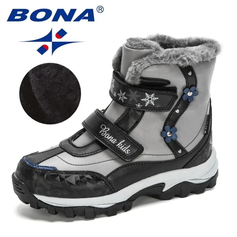 Bona Ankomst Vinter Mid-Calf Plush Snow Boots Barn Utomhus Slitstarka Kids Anti-Slip High Top Girls Boys Shoes 211227