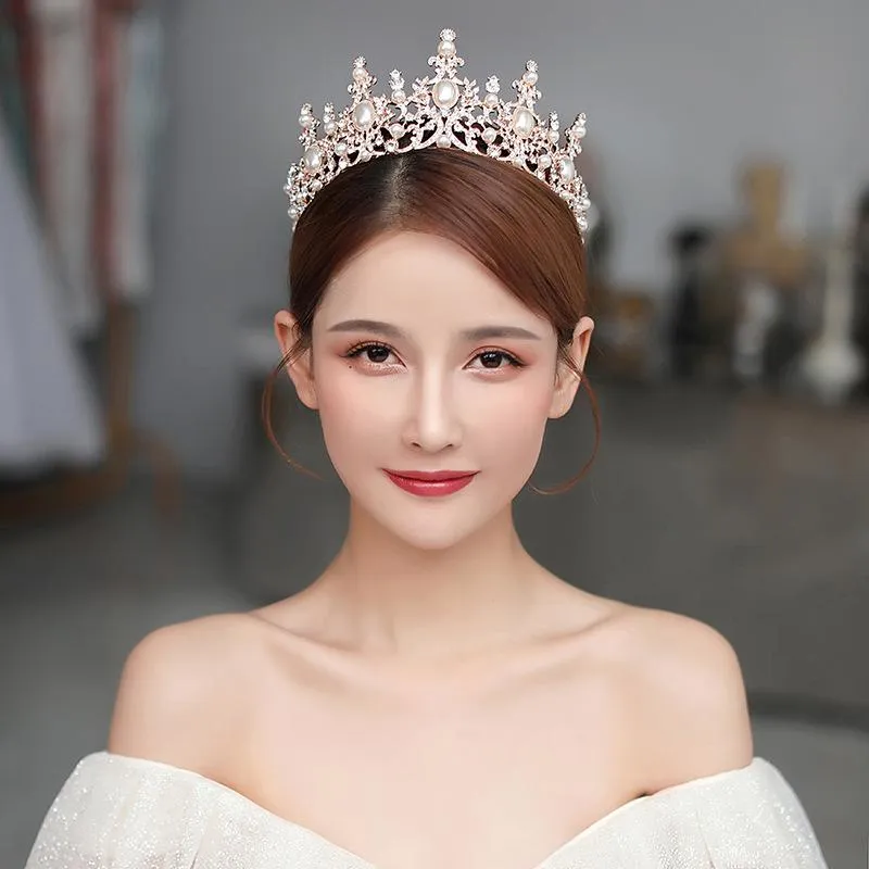 Barokke luxe Rose Gold Crystal Pearls Bridal Tiaras Crown Rhinestone Pageant Diadeem Hoofdbanden 2021 Bruiloft Haar Sieraden