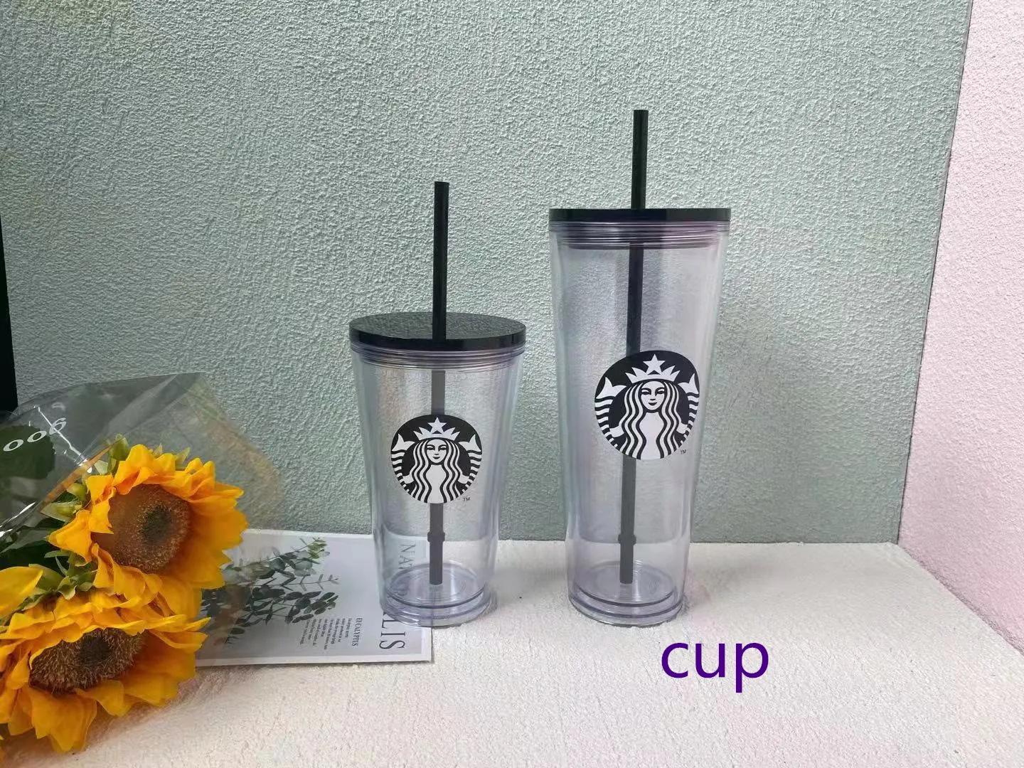 Starbucks 20 pieza 24 oz / 16oz Double pl￡stico taza de fondo Taza de la diosa Tapa de regalo Reutilizable Transparente Tumblers Paja