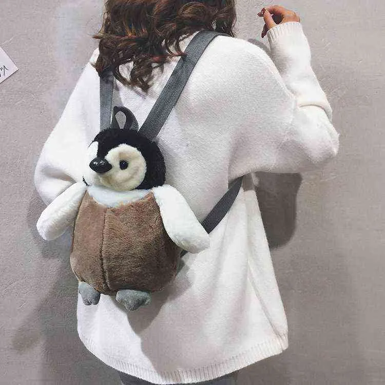 Gullig pingvin plysch ryggsäck för tjejer khaki pingvin plysch axelväska födelsedag bästa gåva för tjejer mjuk liten väska y1105