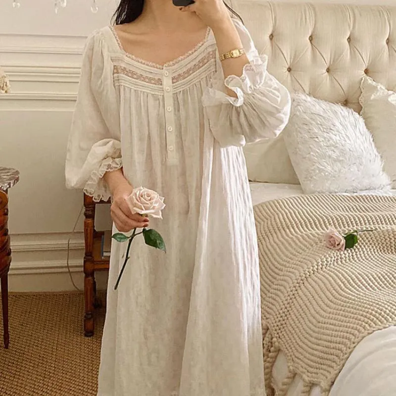 Kadın Pijama Saf Pamuk Vintage Gecelikler Kadın İlkbahar Sonbahar Tam Kollu Uzun gece elbisesi Victorian Romantik Prenses Ev Giyim