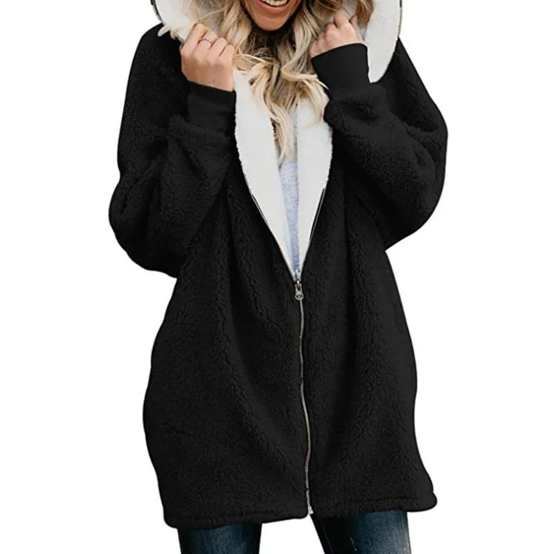 Damskie Kurtki Kobiet Solidna Oversized Zip Down Z Kapturem Fluffy Coat Cardigans Outwear z Kieszonkowym Feminina Blusas Mujer de Moda Koszulka Femme