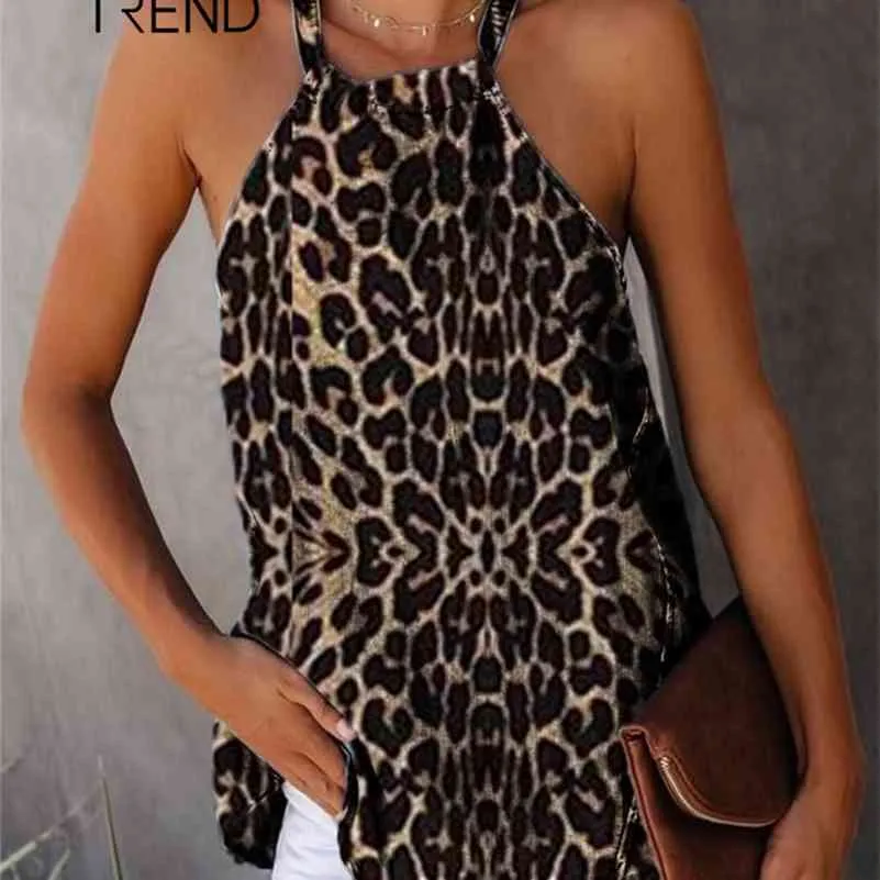 Kvinnors Tank Top Vest Hängande Nacke Ärmlös Leopard Vest Kvinna Sommar Slinga En Base Blouse Beach Sexiga Kvinnors Tee Toppar 210625