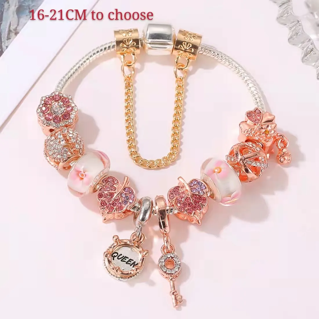 16-21cm Rose Gold Charms Armband Pink Flower Charm Beads Queen Pendant Fit Valentines smycken DIY Pärlstillbehör för SIL239D