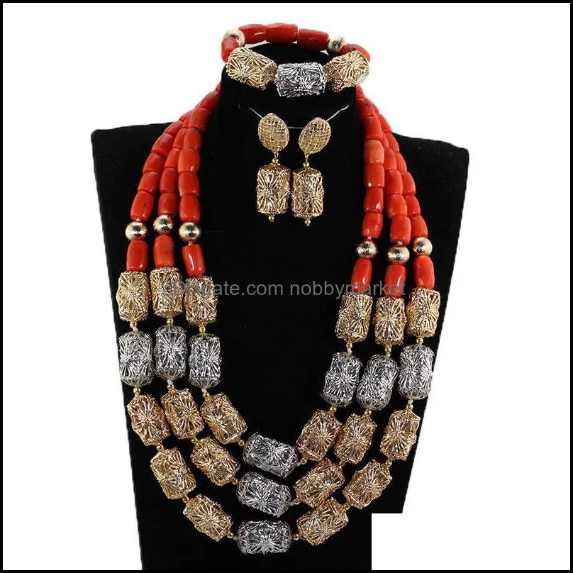 Earrings & Necklace Elegant Women Coral Beads Jewelry Set Nigerian Wedding African Bride Gift Party CNR070