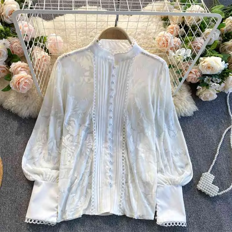 Summer Blouse Women White Black Lantern Sleeve Stand Collar Pearl Buttons Korean Fashion Loose Female Shirt Blusas 210603