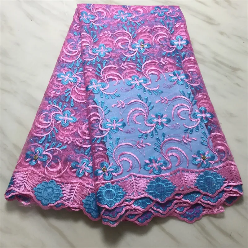 Tissu en dentelle française rose, 5 mètres/lot, broderie de fleurs bleues, cristal assorti, Style maille africaine pour s'habiller, meilleure vente, PL31328