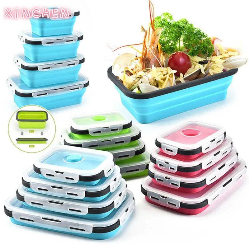 Set di contenitori per il pranzo in silicone Set impilabile per alimenti Bento Contenitore per il pranzo pieghevole Contenitori per la conservazione della cena per microonde Contenitori a tenuta fresca 210709