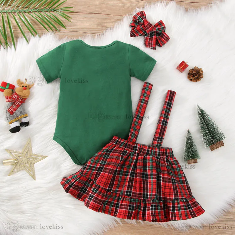Infant Clothing Sets Girls Outfits Baby Clothes Children Autumn Winter Christmas Plaid Back Skirt Short-Sleeved Jumpsuit Three-Piece Of Childrens B9363