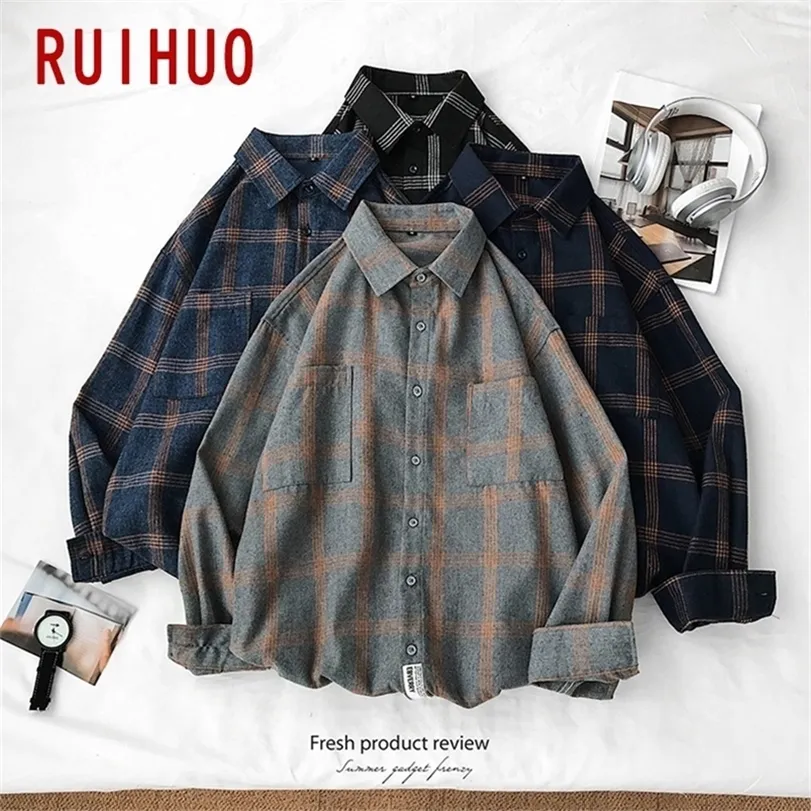 RUIHUO Plaid Casual Shirts Für Männer Kleidung Schwarz Langarm Mode M-5XL Ankunft 220309