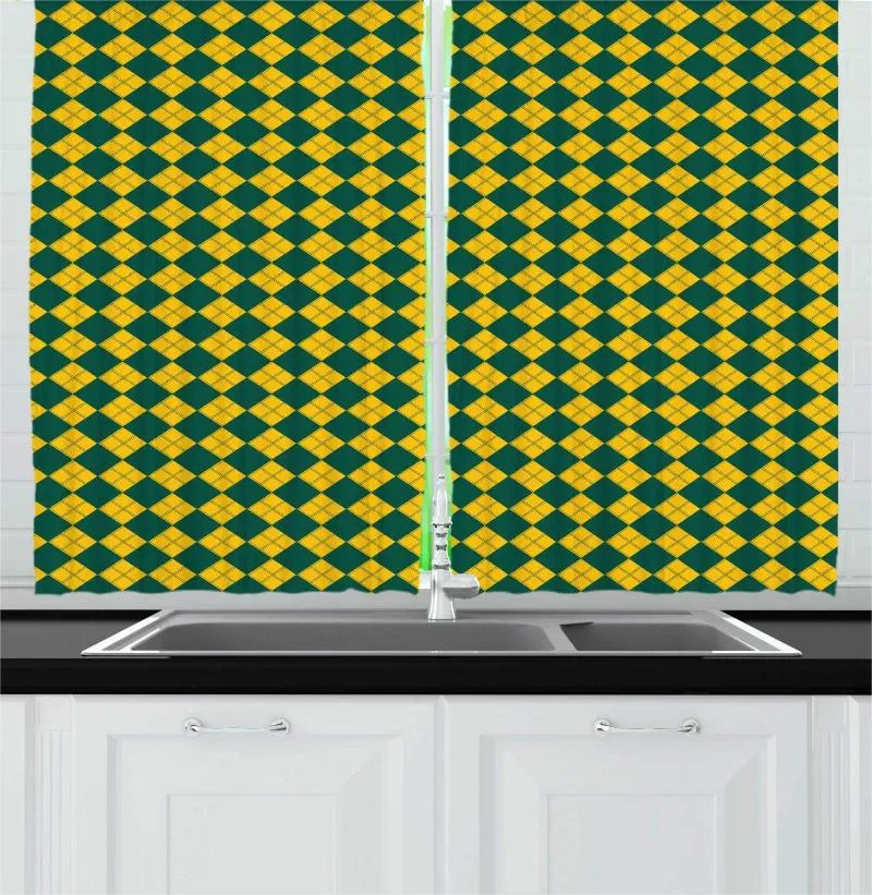 Cortinas cortinas tierra amarillo bosque verde geométrico cortinas de cocina Vertical alineado tablero de ajedrez de diamante patrón geométrico Retro para