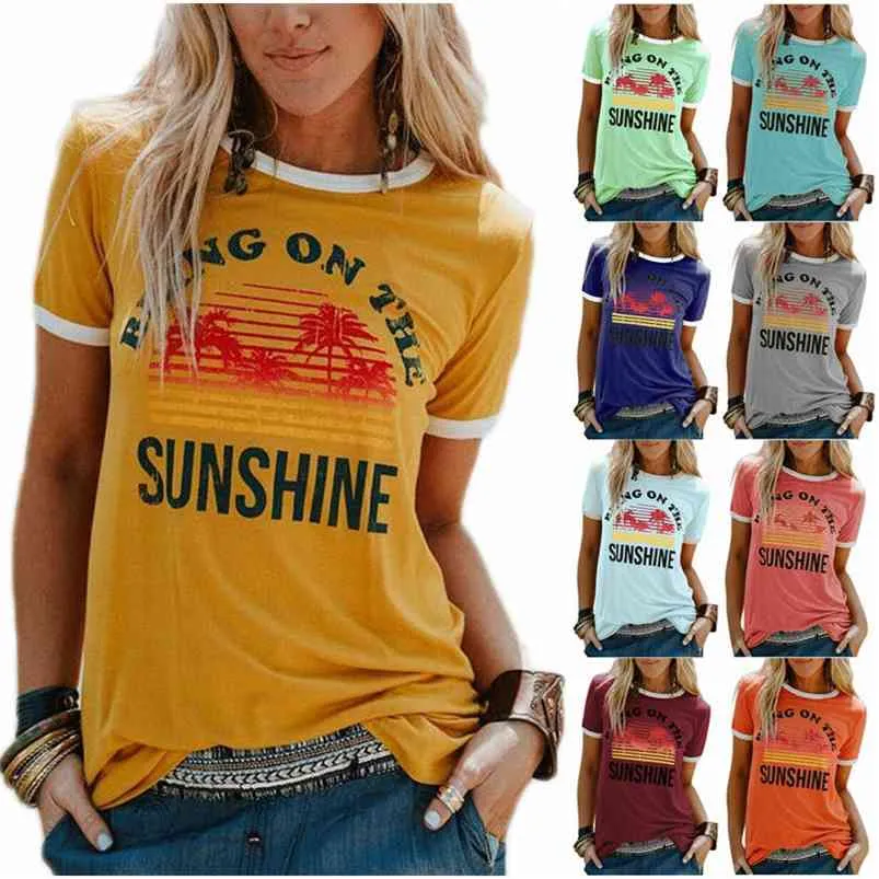 Women Bring On The Sunshine Beach Casual Tee Ladies Aesthetic Streetwear Slogan Floral Crew Neck Letters Summer Top T-Shirt 210623