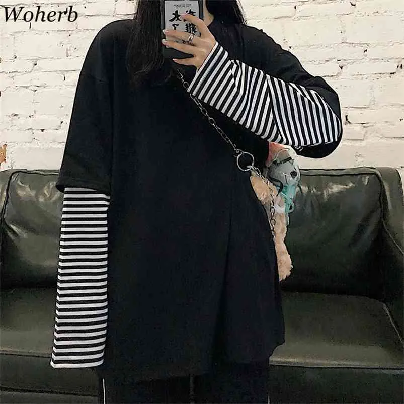 Woherb patchwork allentato donna t shirt falso 2 pezzi striscia t-shirt coreana hipjuku streetwear lady hip-hop top tees 210623