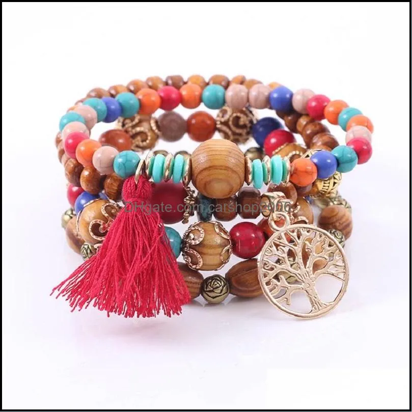 Bohemian Multilayer Charm Bracelets Colorul Wood Beads Bracelet Life Tree Pendant Tassel Elastic Bracelets Bangles for Women Men Jewelry