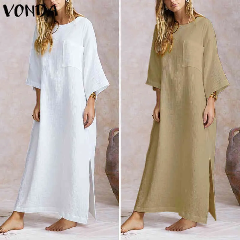 VONDA Zarif Kadın Katı Maxi Uzun Elbise 2021 Pamuk Vintage Bohem Artı Boyutu Beyaz Elbise Seksi Bölünmüş Hem Vestido Robe Femme X0521