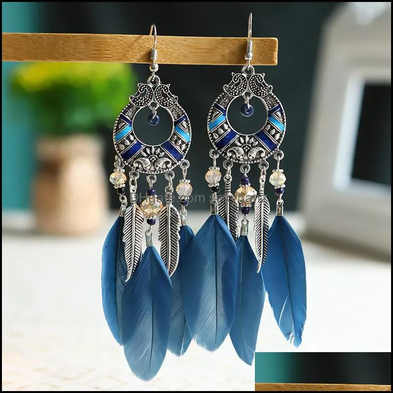 S2548 Bohemian Fashion Jewelry Women`s Feather Tassels Dangle Earrings Romantic Retro Female Ornaments Beaded Feather Earrings