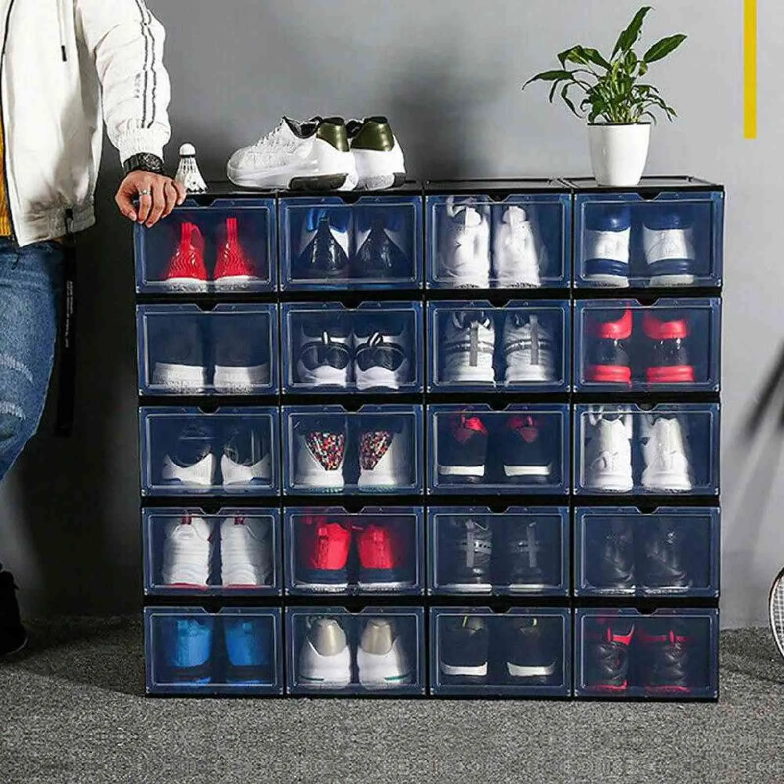 Hot Transparent Lid Sneakers Stackable Drawer Shoes Storage Box Container Organizer Cabinet