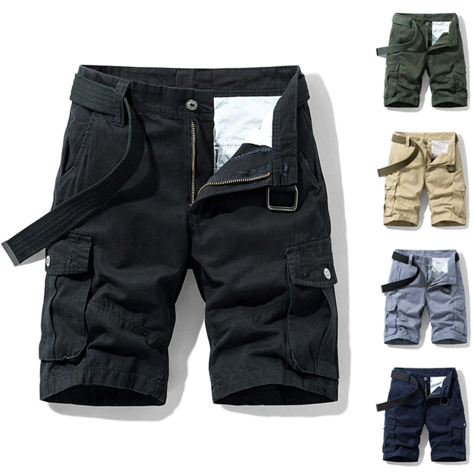 IshowtiendAfashion Mäns Pocket Zipper Knappar Solid Fritid Time Tooling Kort Byxor Pantalones Cortos de Hombre Board Shorts X0705