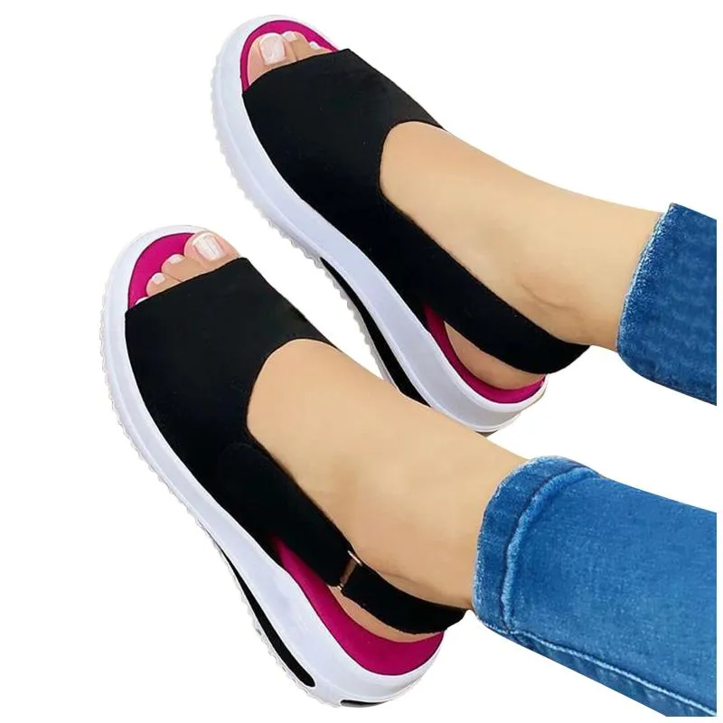 Сандалии повседневные женщины 2021 Peep Toe клинья обувь женщина летняя платформа пряжка пляжные дамы сандалиас мохеров черный