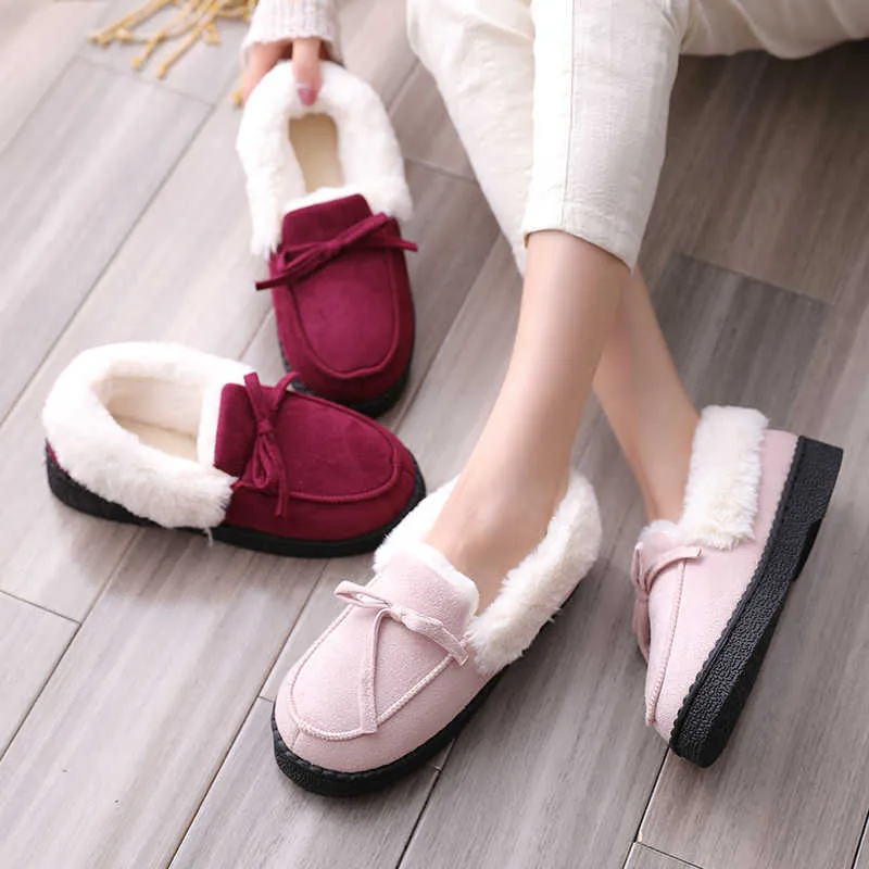 Winter Slippers Women Shoes Bowtie Plush Warm Inside Flats Casual Loafers Indoor Home Fur Pantuflas Ladies Slip on Solid Slides Q0508